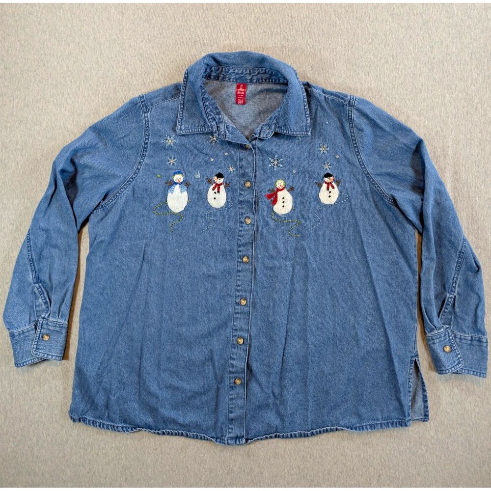 Women’s 2XL Blue Denim Button-Front Collared Long Sleeve Snowman Embroidered